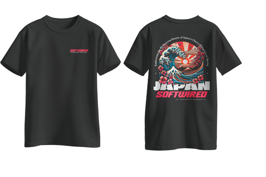 Black t-shirt with 'Softwired' branding on a gray background