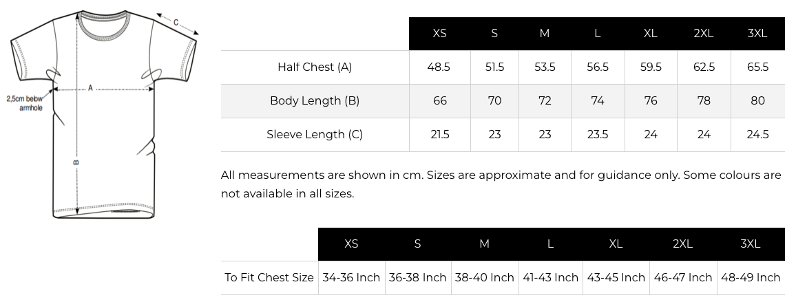Measurement chart for a t-shirt with size chart and dimensions.