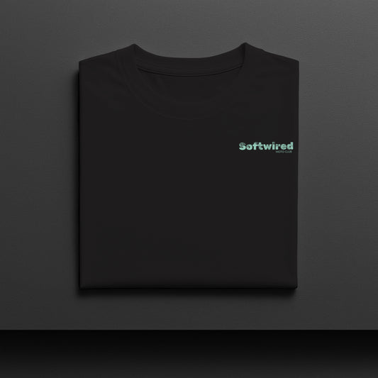 Black t-shirt with 'Softwired' logo on a dark gray background