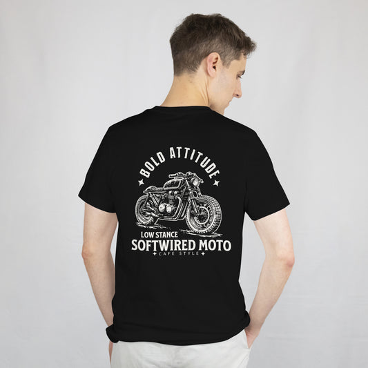 Person wearing a black t-shirt with a motorcycle graphic and text on the back against a plain background