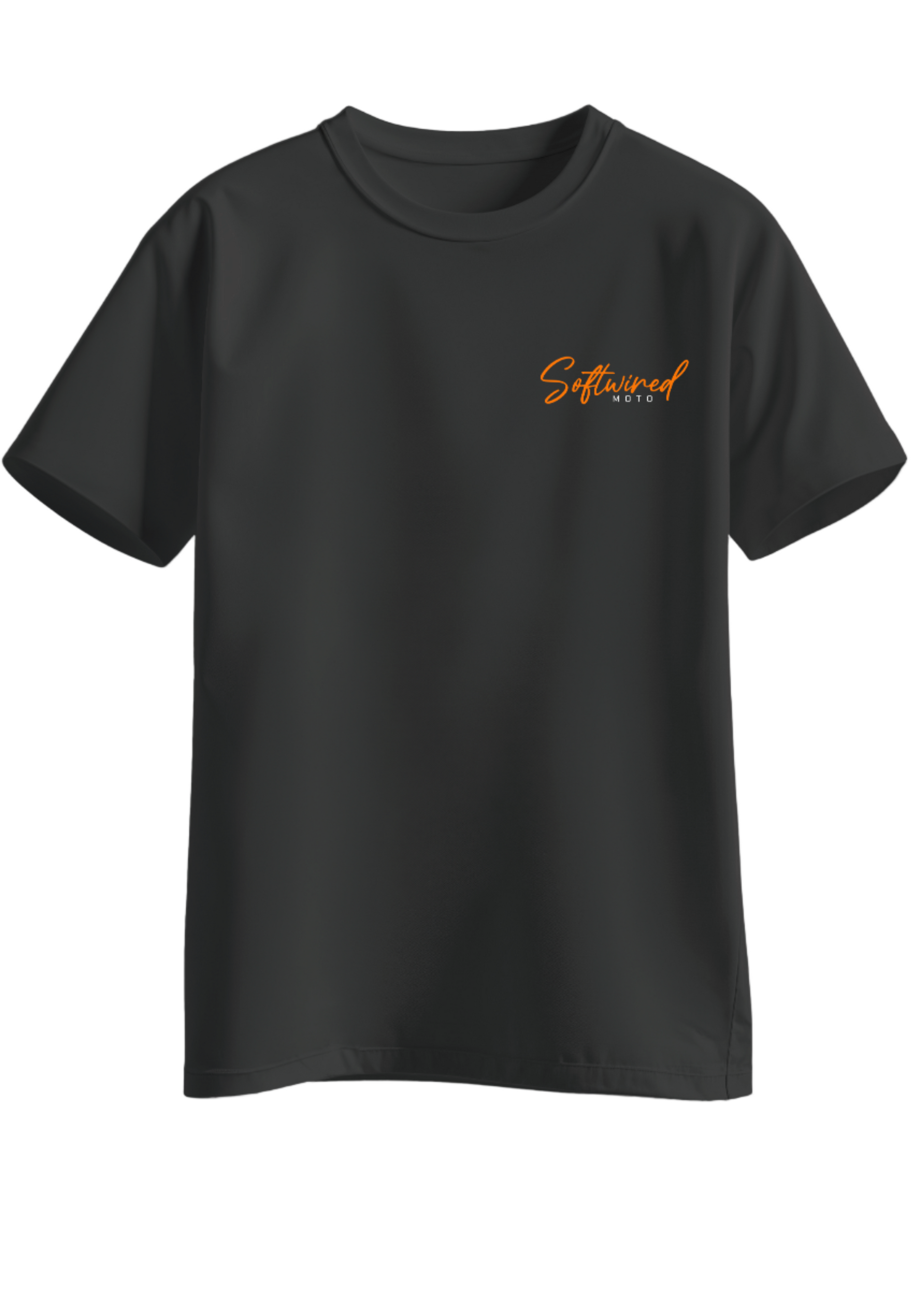 Black t-shirt with orange logo on a white background