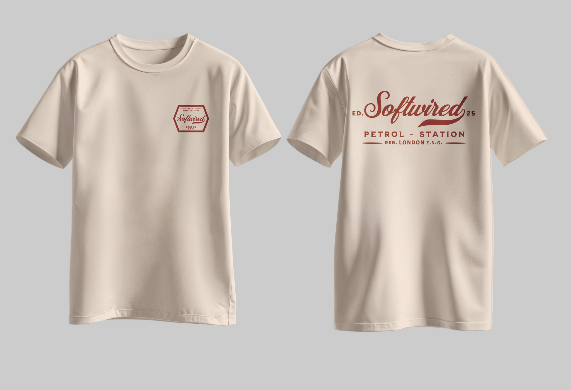 Beige t-shirt with red Softwired logo and text on a light gray background