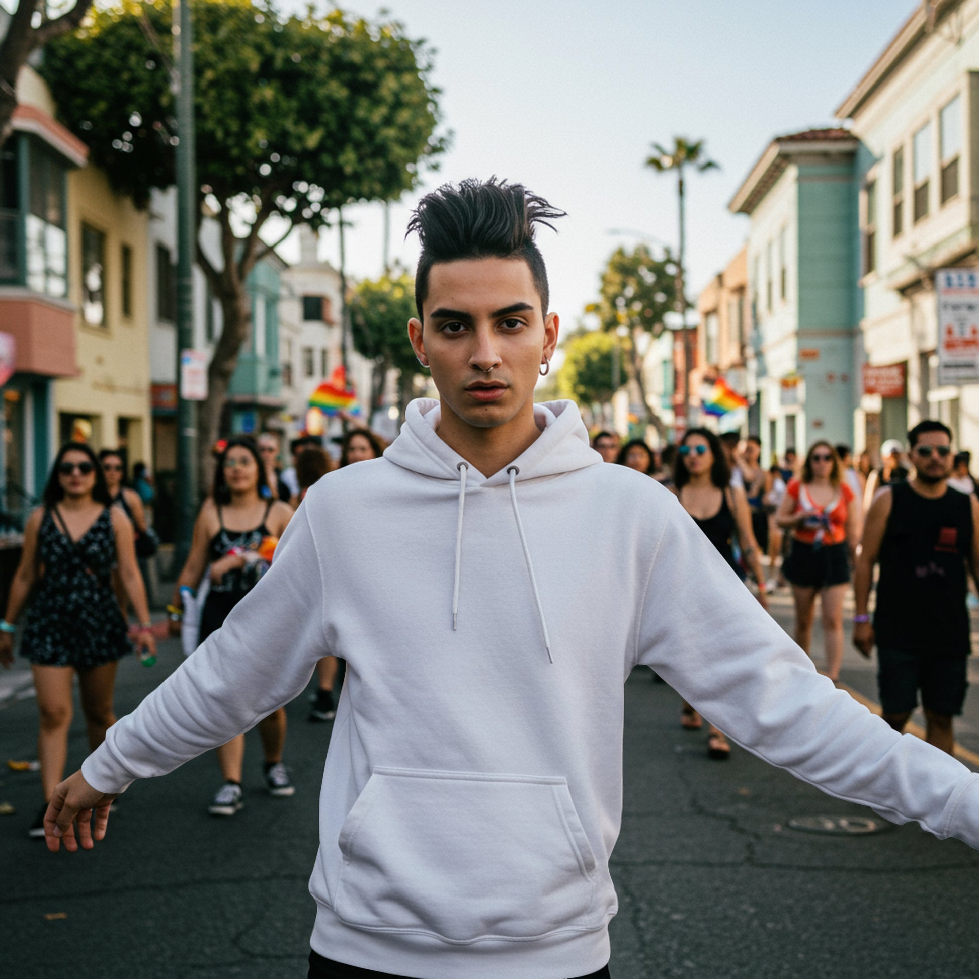 Man wearing a white hoodie on a street with people and rainbow flags in the background