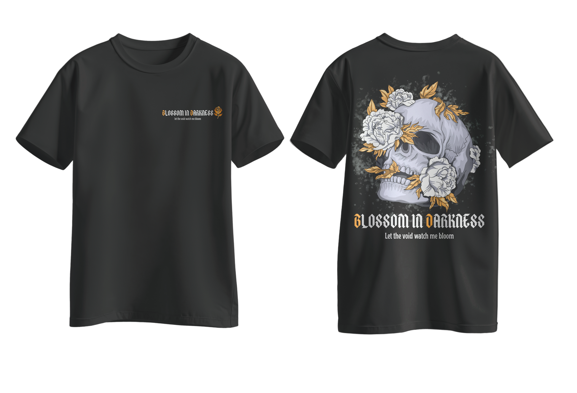 Black t-shirt with skull and floral design on the back, on a light gray background