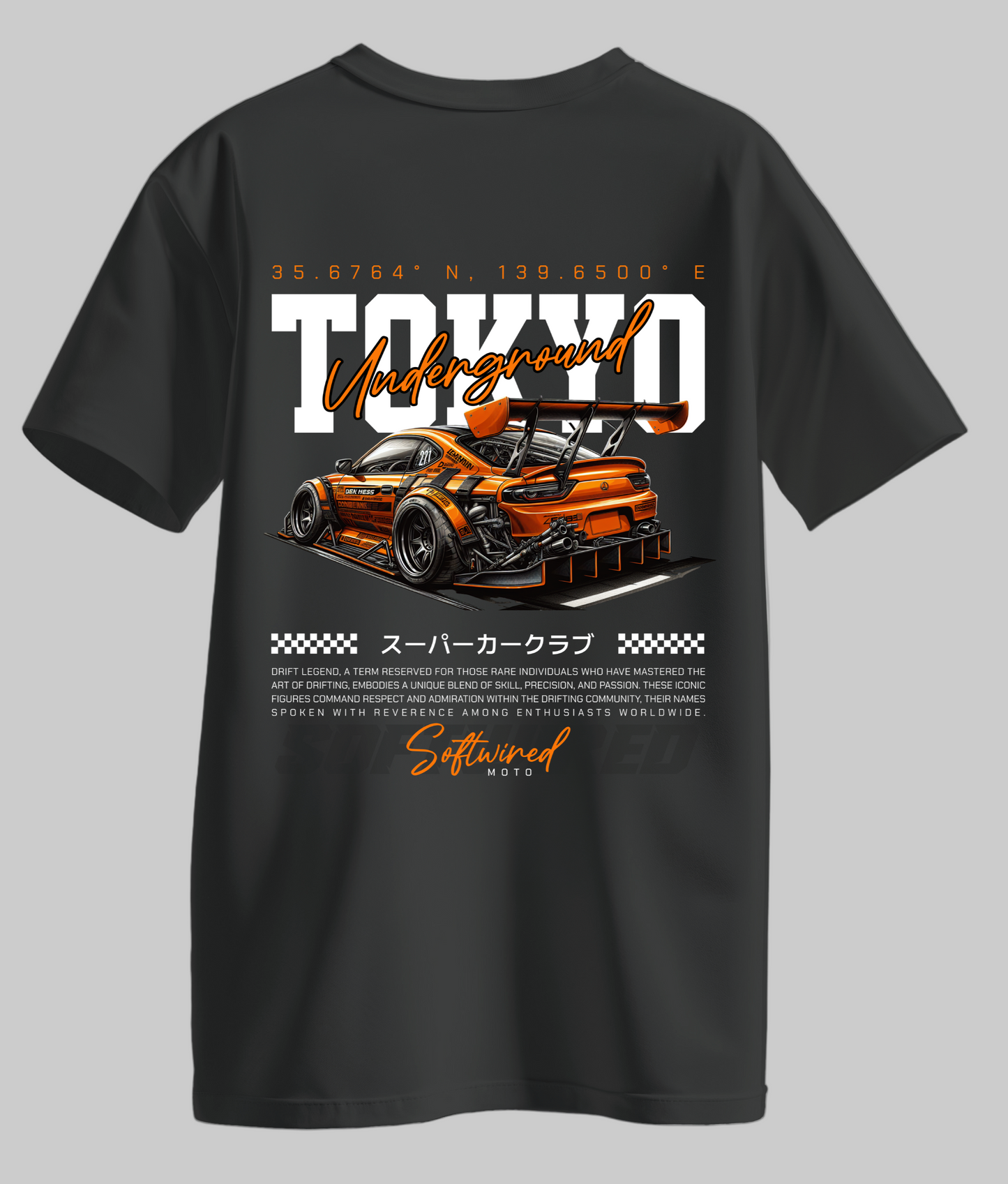 Black t-shirt with a car graphic and text on a white background
