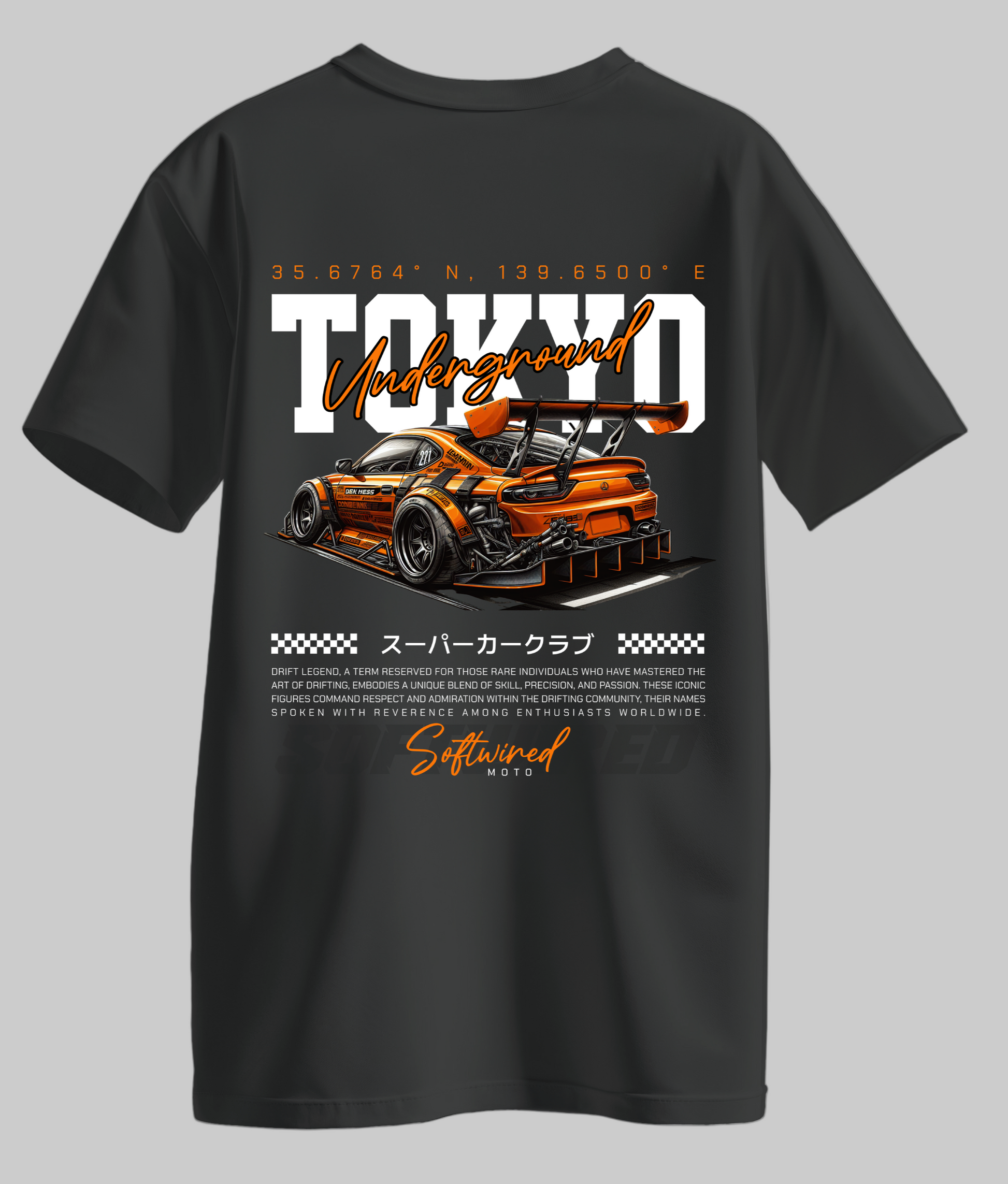 Black t-shirt with a car graphic and text on a white background