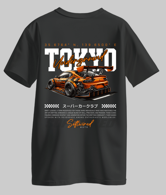 Black t-shirt with a car graphic and text on a white background