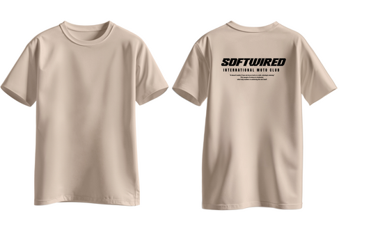 Beige t-shirt with 'Softwired' logo on a light gray background