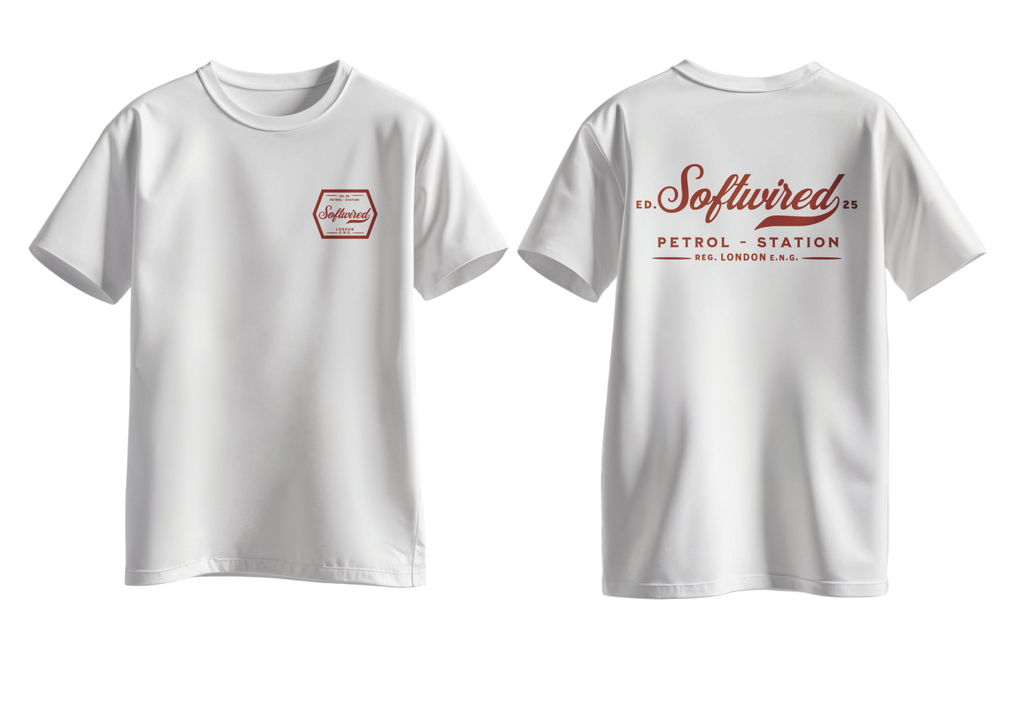 Whitet-shirt with 'Softwired' branding on a gray background