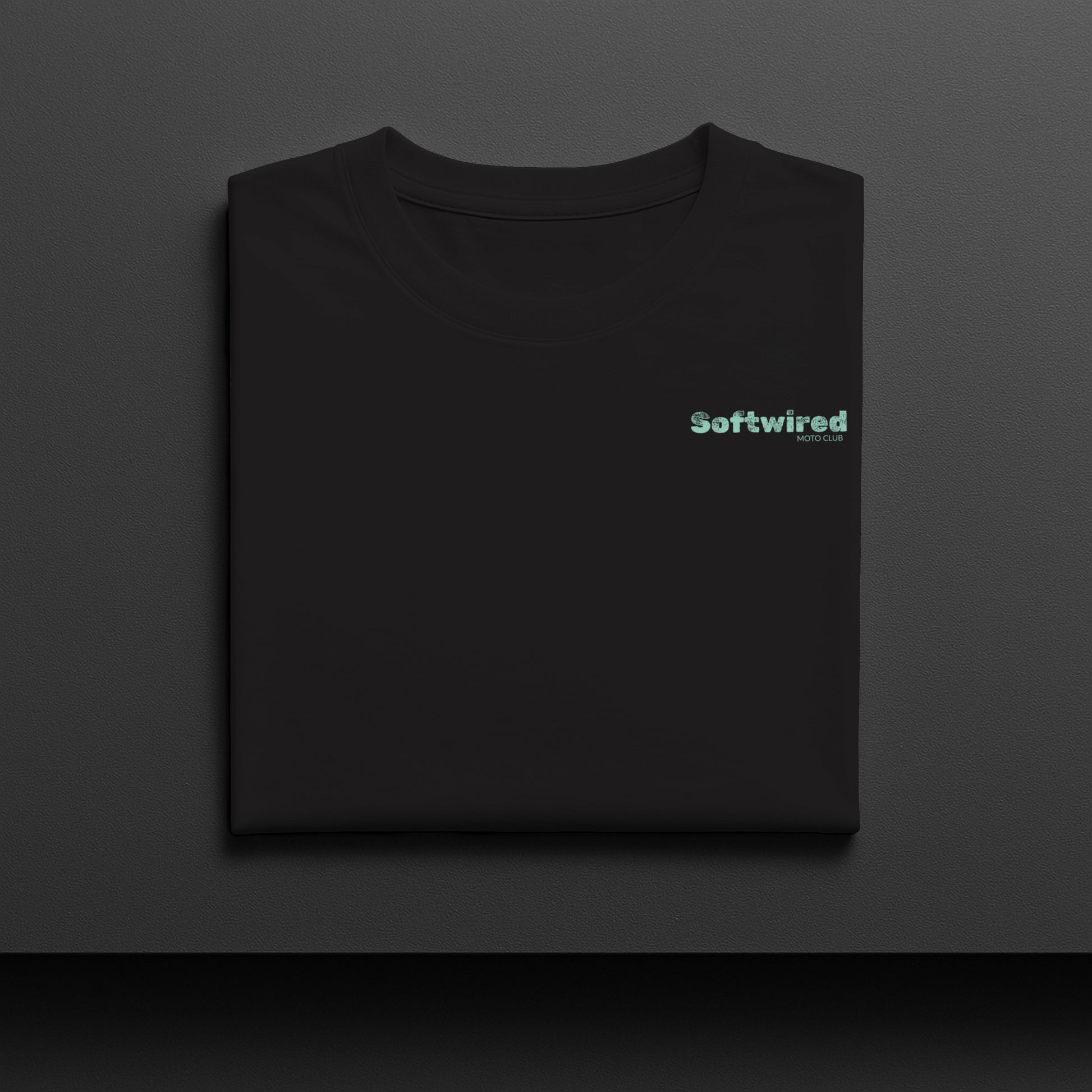 Black t-shirt with 'Softwired' logo on a dark gray background