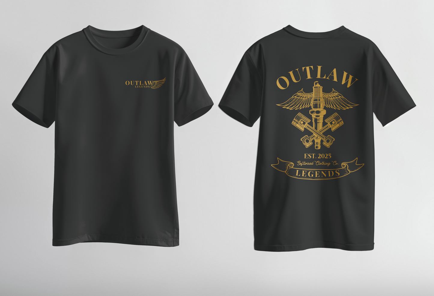 Black t-shirt with 'Outlaw Legends' design on a gray background