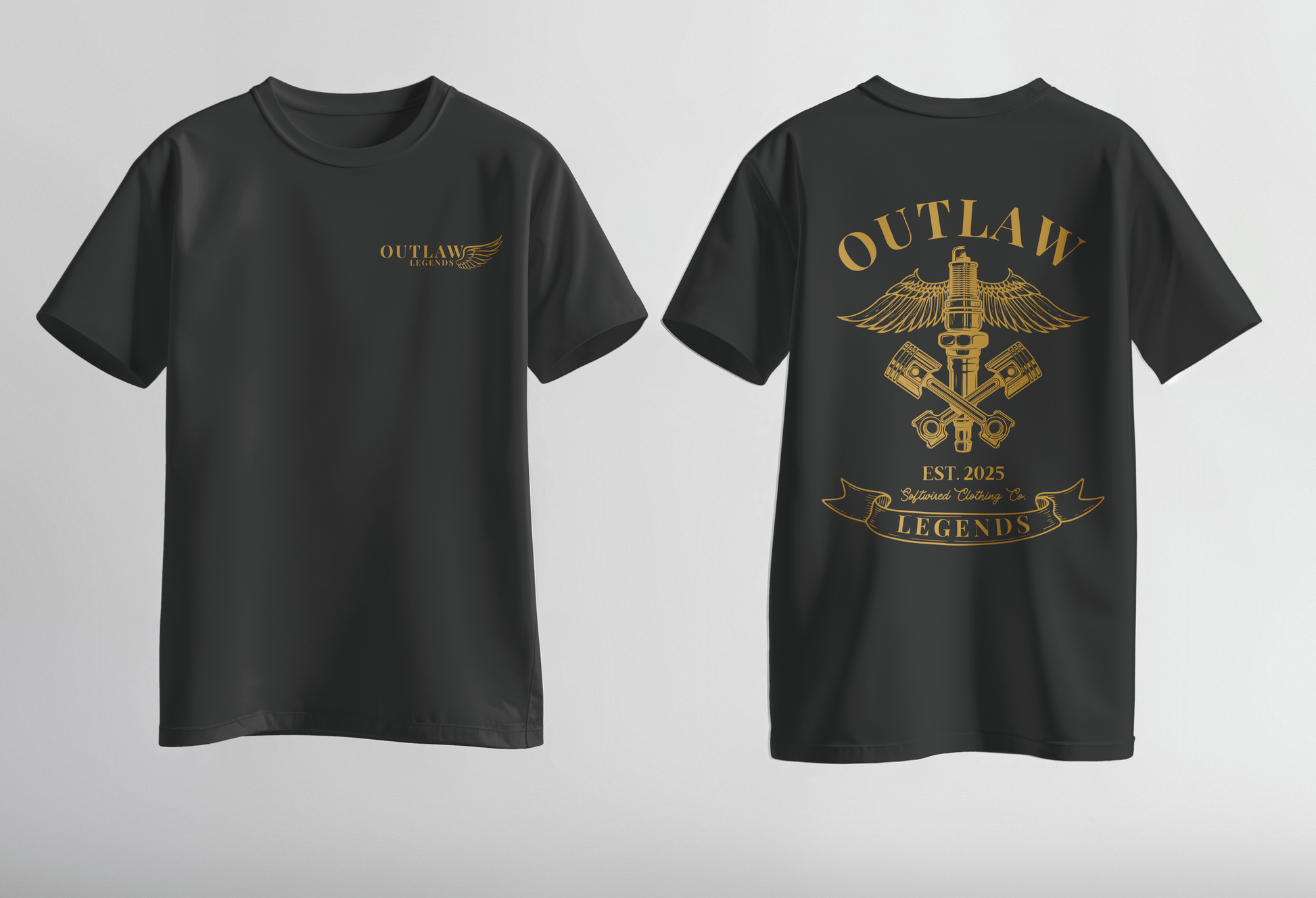 Black t-shirt with 'Outlaw Legends' design on a gray background